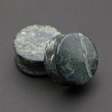Detail View 1 of A Pair of Green Eye Jasper Stone Double Flared Ear Gauge Plug-Green